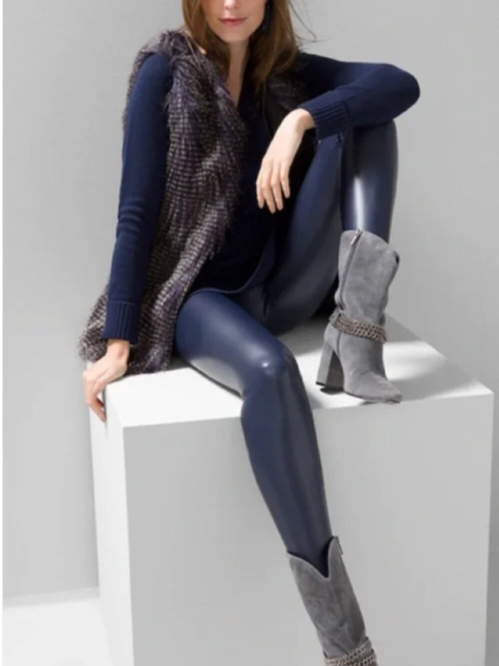 White House Black Market Runway Legging Faux Leather Navy Blue 10